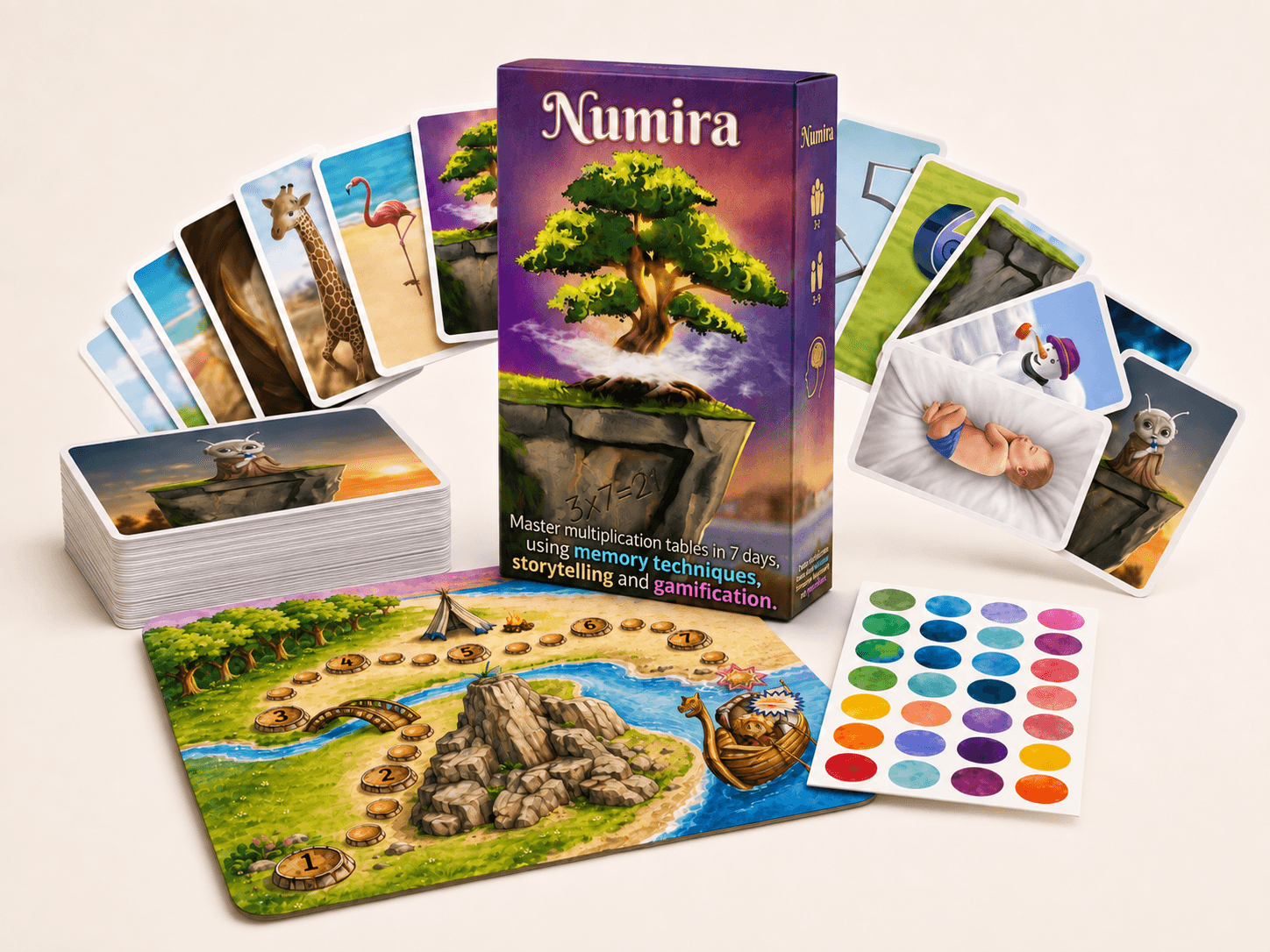 Numira Multiply card deck, illustrated cards, adventure map, and stickers